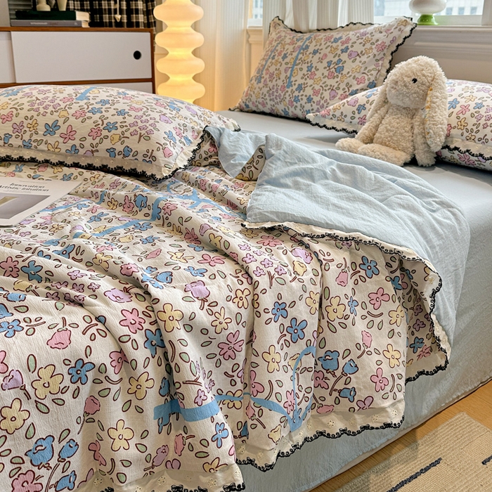 91家纺网 家纺一手货源 找家纺 花伞家居 2026新款蕾丝花边皱皱双层纱夏被四件套含买家秀 夏被-美丽花园