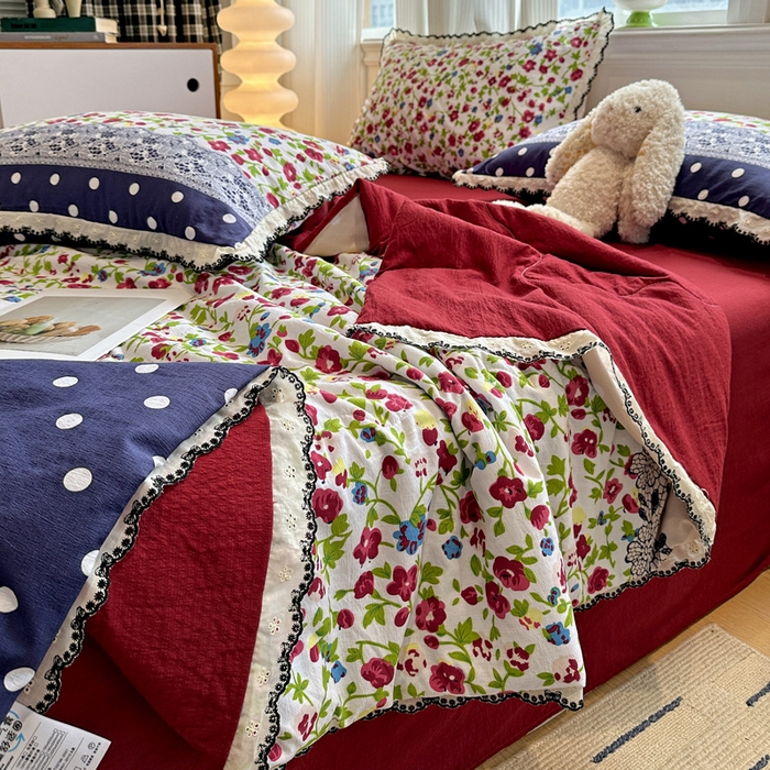 91家纺网 家纺一手货源 找家纺 花伞家居 2026新款蕾丝花边皱皱双层纱夏被四件套含买家秀 夏被-蕾丝碎花