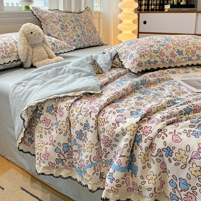 91家纺网 家纺一手货源 找家纺 花伞家居 2026新款蕾丝花边皱皱双层纱夏被四件套含买家秀 夏被-美丽花园