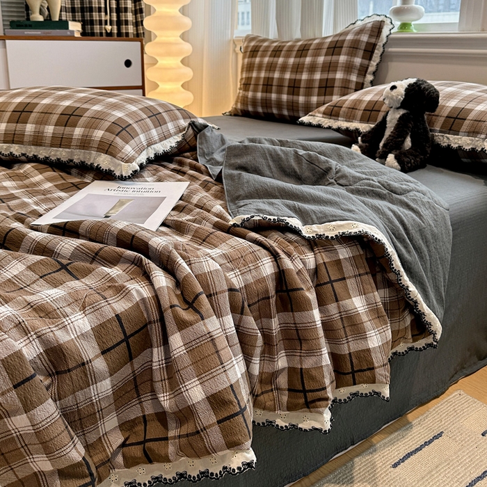 91家纺网 家纺一手货源 找家纺 花伞家居 2026新款蕾丝花边皱皱双层纱夏被四件套含买家秀 夏被-中古森系