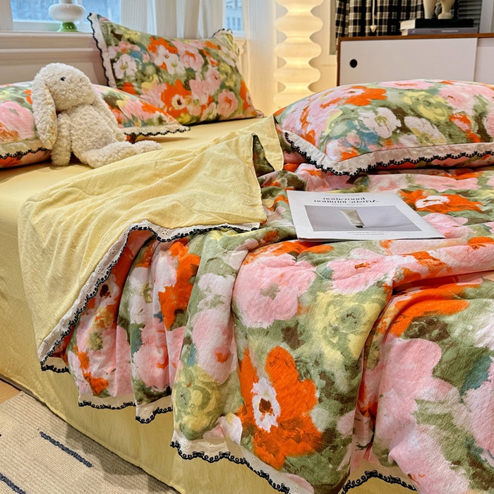 91家纺网 家纺一手货源 找家纺 花伞家居 2026新款蕾丝花边皱皱双层纱夏被四件套含买家秀 夏被-热情绚烂