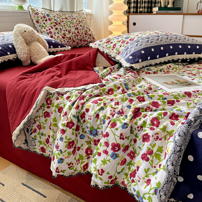 91家纺网 家纺一手货源 找家纺 花伞家居 2026新款蕾丝花边皱皱双层纱夏被四件套含买家秀 夏被-蕾丝碎花