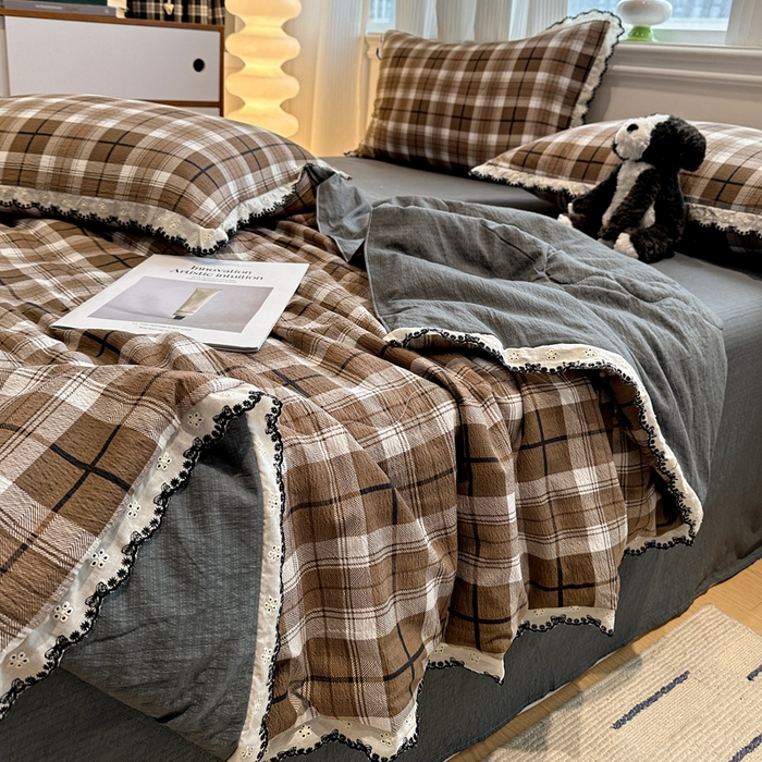 91家纺网 家纺一手货源 找家纺 花伞家居 2026新款蕾丝花边皱皱双层纱夏被四件套含买家秀 夏被-中古森系