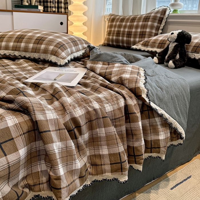 91家纺网 家纺一手货源 找家纺 花伞家居 2026新款蕾丝花边皱皱双层纱夏被四件套含买家秀 夏被-中古森系