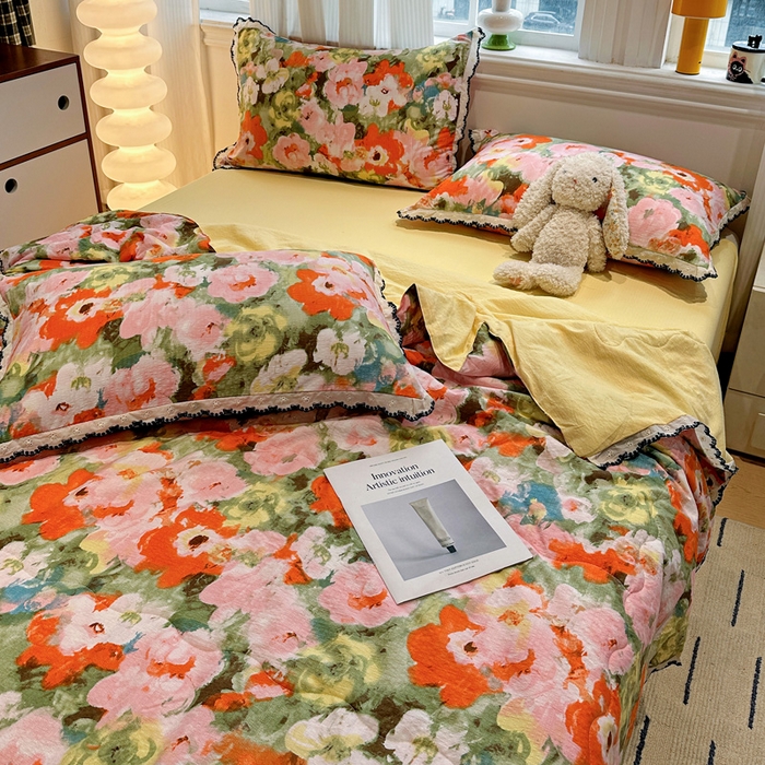 91家纺网 家纺一手货源 找家纺 花伞家居 2026新款蕾丝花边皱皱双层纱夏被四件套含买家秀 夏被-热情绚烂