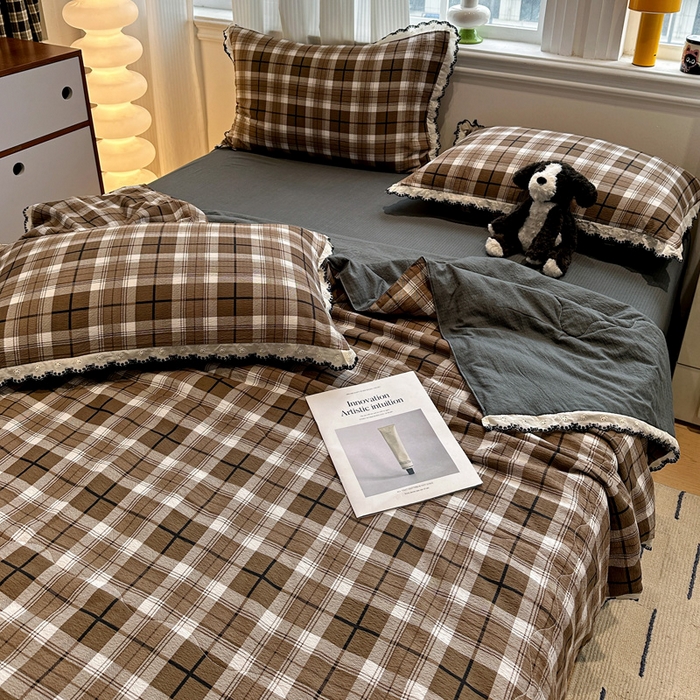 91家纺网 家纺一手货源 找家纺 花伞家居 2026新款蕾丝花边皱皱双层纱夏被四件套含买家秀 夏被-中古森系