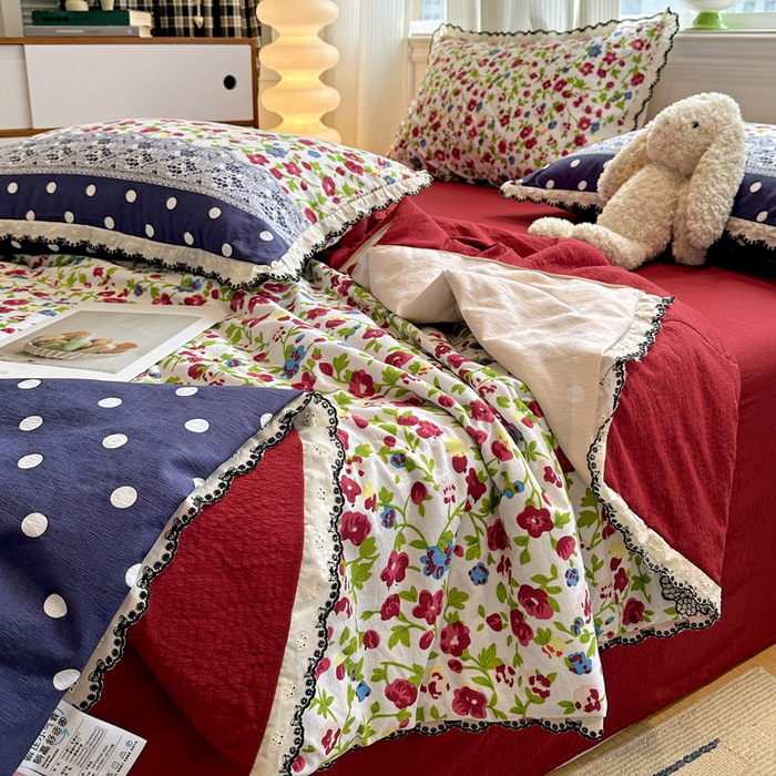 91家纺网 家纺一手货源 找家纺 花伞家居 2026新款蕾丝花边皱皱双层纱夏被四件套含买家秀 夏被-蕾丝碎花