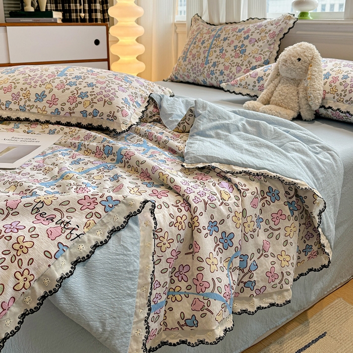 91家纺网 家纺一手货源 找家纺 花伞家居 2026新款蕾丝花边皱皱双层纱夏被四件套含买家秀 夏被-美丽花园