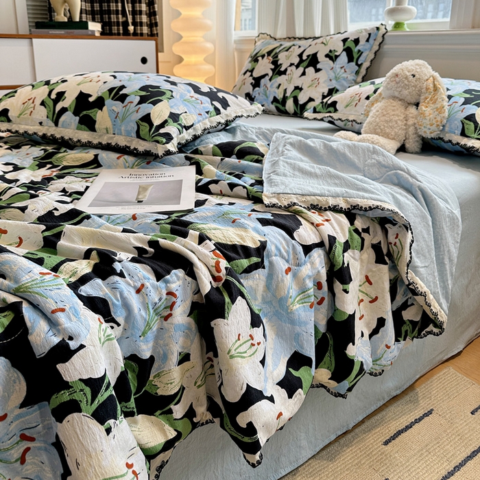 91家纺网 家纺一手货源 找家纺 花伞家居 2026新款蕾丝花边皱皱双层纱夏被四件套含买家秀 夏被-盛开蓝