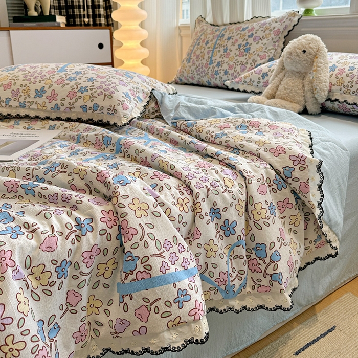 91家纺网 家纺一手货源 找家纺 花伞家居 2026新款蕾丝花边皱皱双层纱夏被四件套含买家秀 夏被-美丽花园