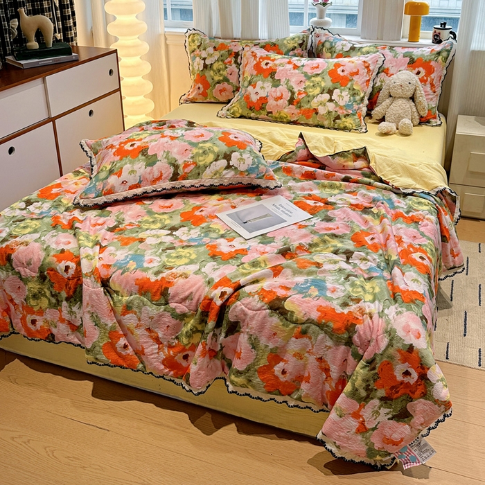 91家纺网 家纺一手货源 找家纺 花伞家居 2026新款蕾丝花边皱皱双层纱夏被四件套含买家秀 夏被-热情绚烂