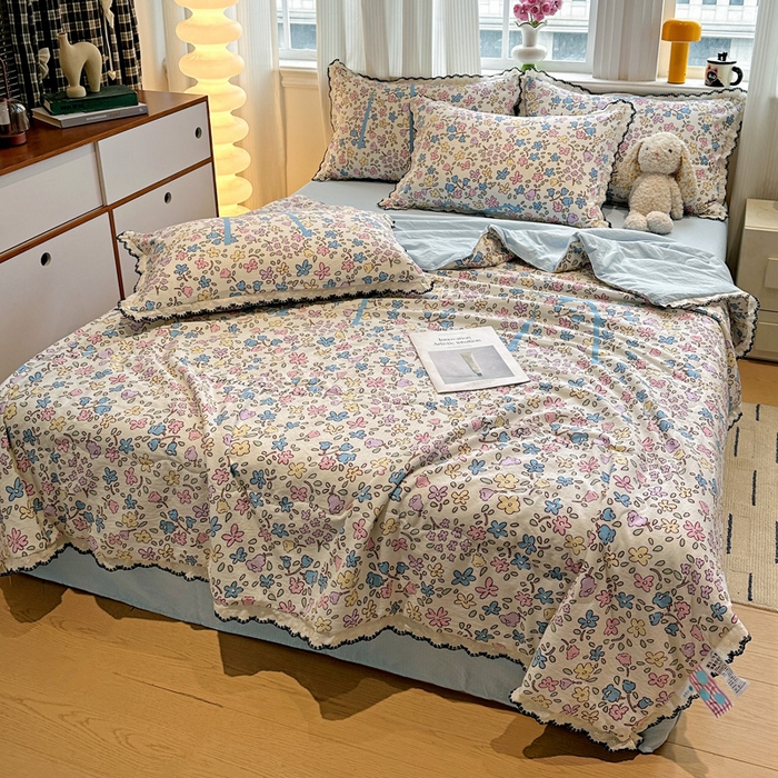 91家纺网 家纺一手货源 找家纺 花伞家居 2026新款蕾丝花边皱皱双层纱夏被四件套含买家秀 夏被-美丽花园