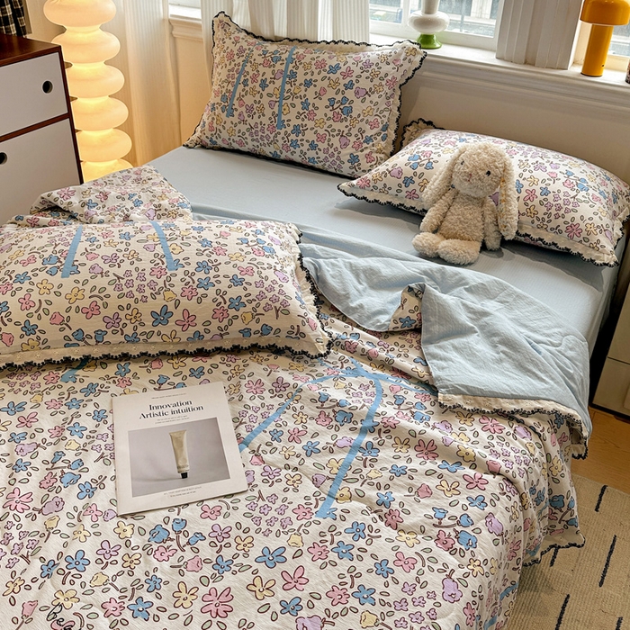 91家纺网 家纺一手货源 找家纺 花伞家居 2026新款蕾丝花边皱皱双层纱夏被四件套含买家秀 夏被-美丽花园