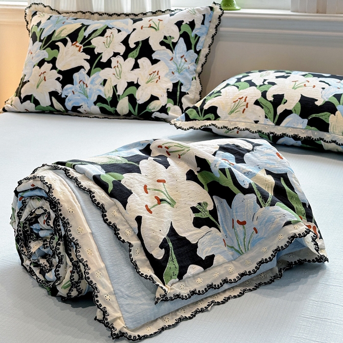 91家纺网 家纺一手货源 找家纺 花伞家居 2026新款蕾丝花边皱皱双层纱夏被四件套含买家秀 夏被-盛开蓝