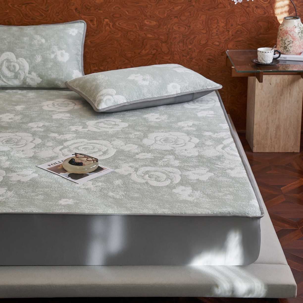 91家纺网 家纺一手货源 找家纺 （总）千朵森 2026新款花卉系列冰感提花款凉席三件套