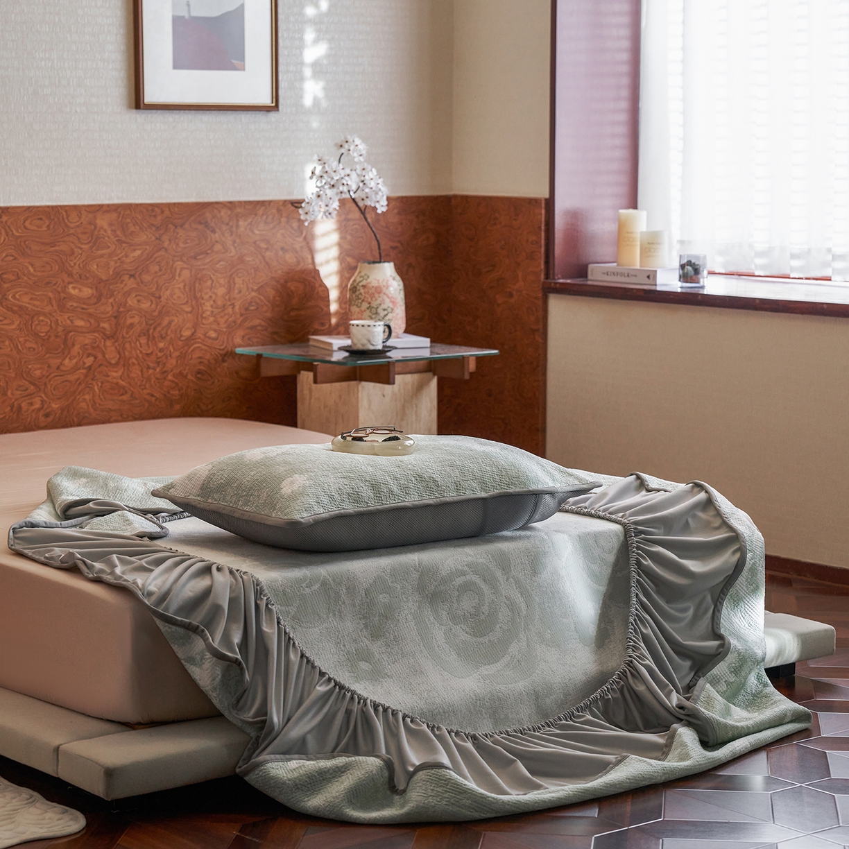 91家纺网 家纺一手货源 找家纺 （总）千朵森 2026新款花卉系列冰感提花款凉席三件套