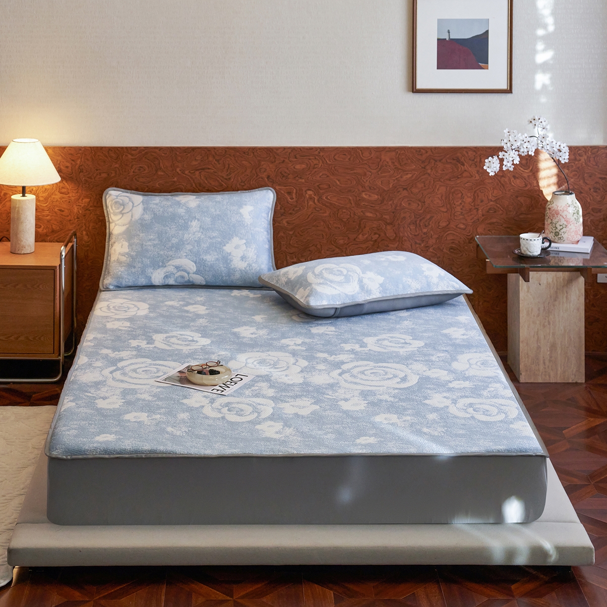 千朵森 2026新款花卉系列冰感提花款凉席三件套 雾蓝屿