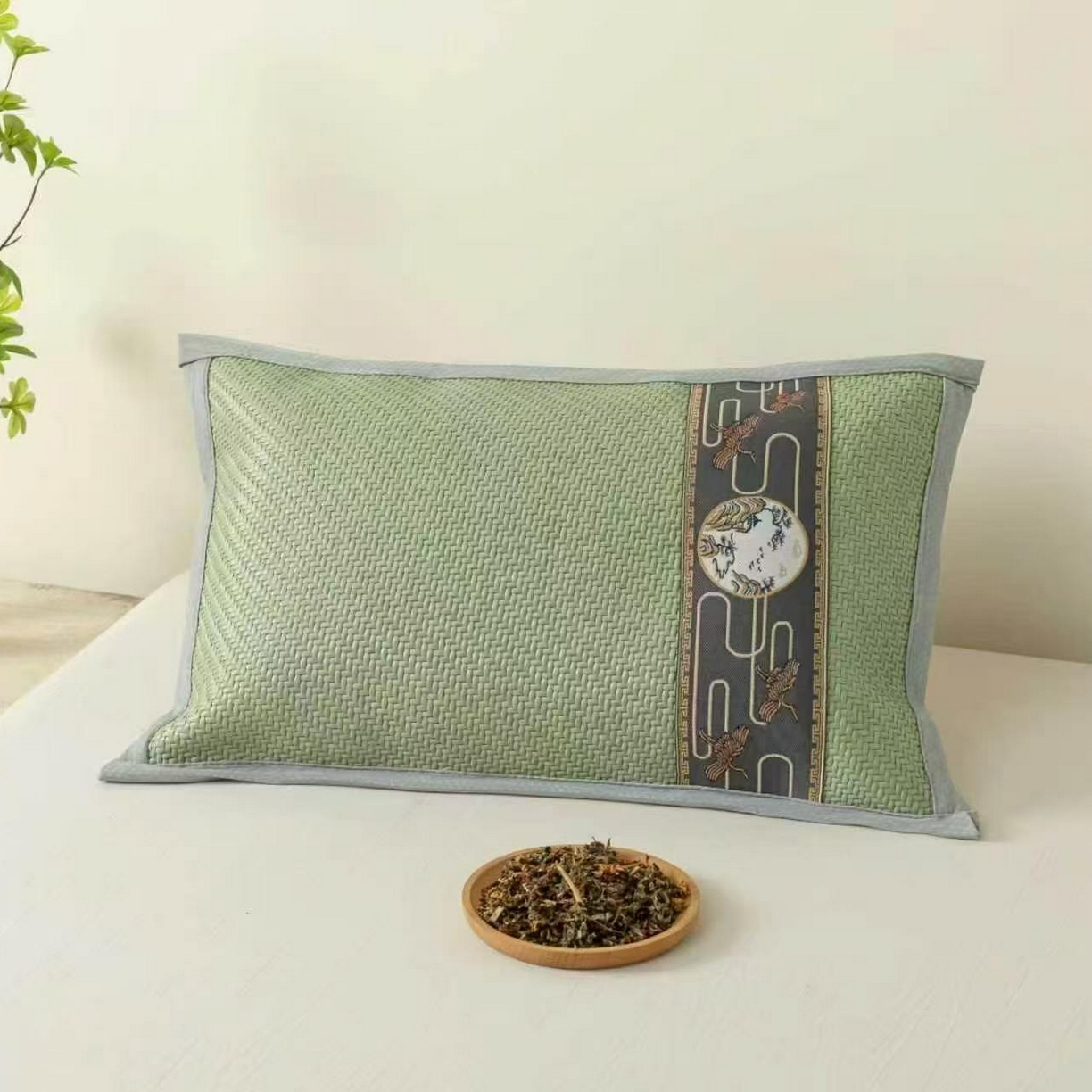 梦叶草 2026新款全荞麦壳枕头夏季冰丝藤席枕芯冰藤荞麦枕竹面竹条凉席枕枕头枕芯 冰藤荞麦单边刺绣-绿色