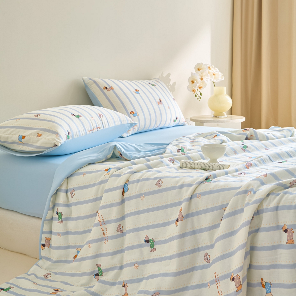 91家纺网 家纺一手货源 找家纺 宜代光年 2026春夏新款全棉双层纱凉感夏被夏凉被空调被 条纹小狗