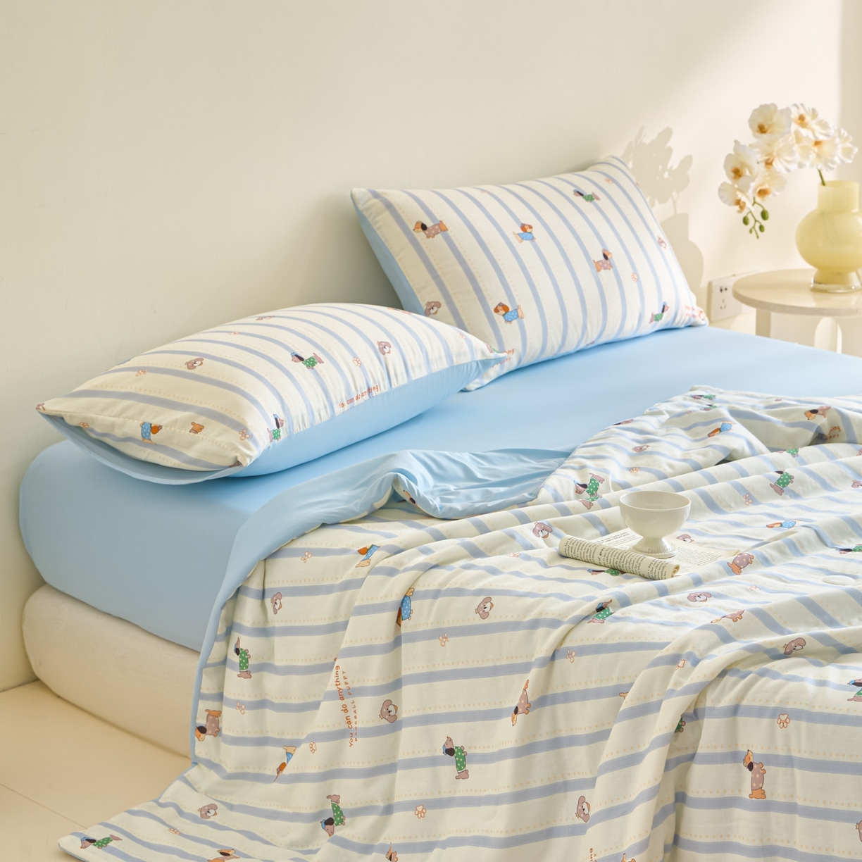 91家纺网 家纺一手货源 找家纺 宜代光年 2026春夏新款全棉双层纱凉感夏被夏凉被空调被 条纹小狗