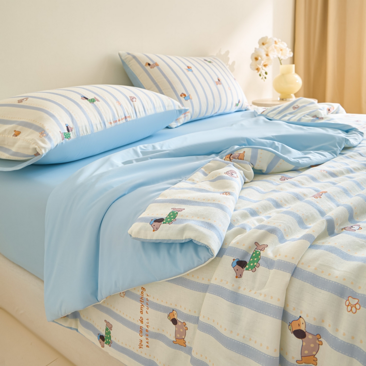 91家纺网 家纺一手货源 找家纺 宜代光年 2026春夏新款全棉双层纱凉感夏被夏凉被空调被 条纹小狗