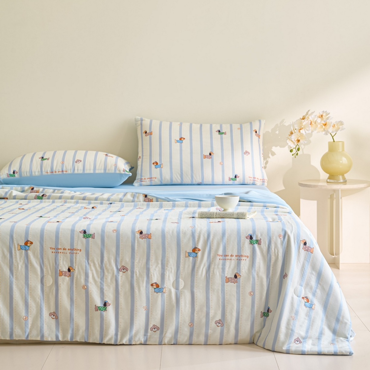 91家纺网 家纺一手货源 找家纺 宜代光年 2026春夏新款全棉双层纱凉感夏被夏凉被空调被 条纹小狗