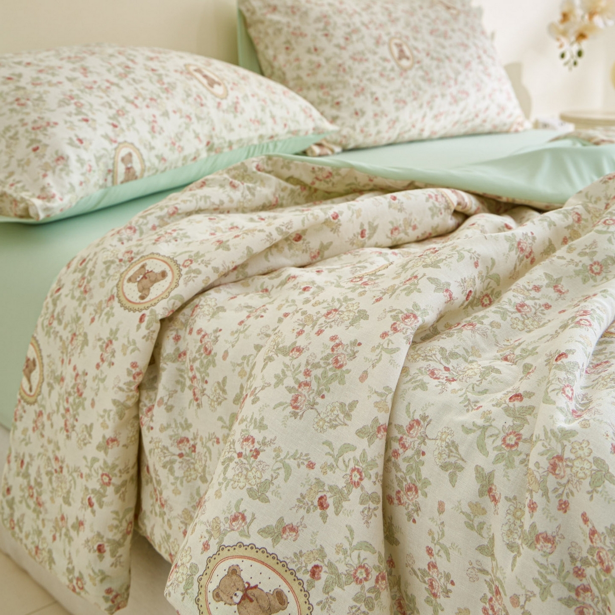 91家纺网 家纺一手货源 找家纺 宜代光年 2026春夏新款全棉双层纱凉感夏被夏凉被空调被 森系小熊-绿