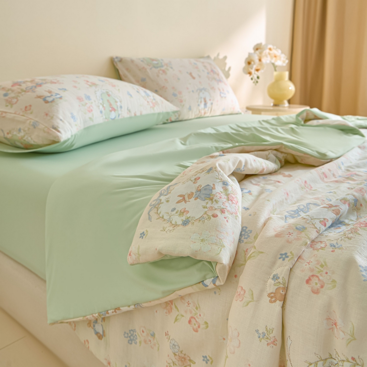 91家纺网 家纺一手货源 找家纺 宜代光年 2026春夏新款全棉双层纱凉感夏被夏凉被空调被 花园小兔