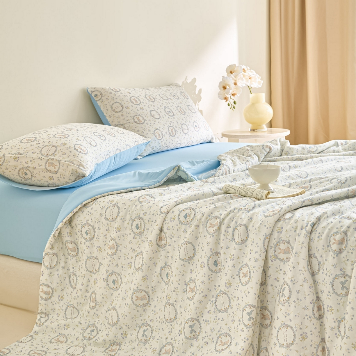 91家纺网 家纺一手货源 找家纺 宜代光年 2026春夏新款全棉双层纱凉感夏被夏凉被空调被 晴空小兔