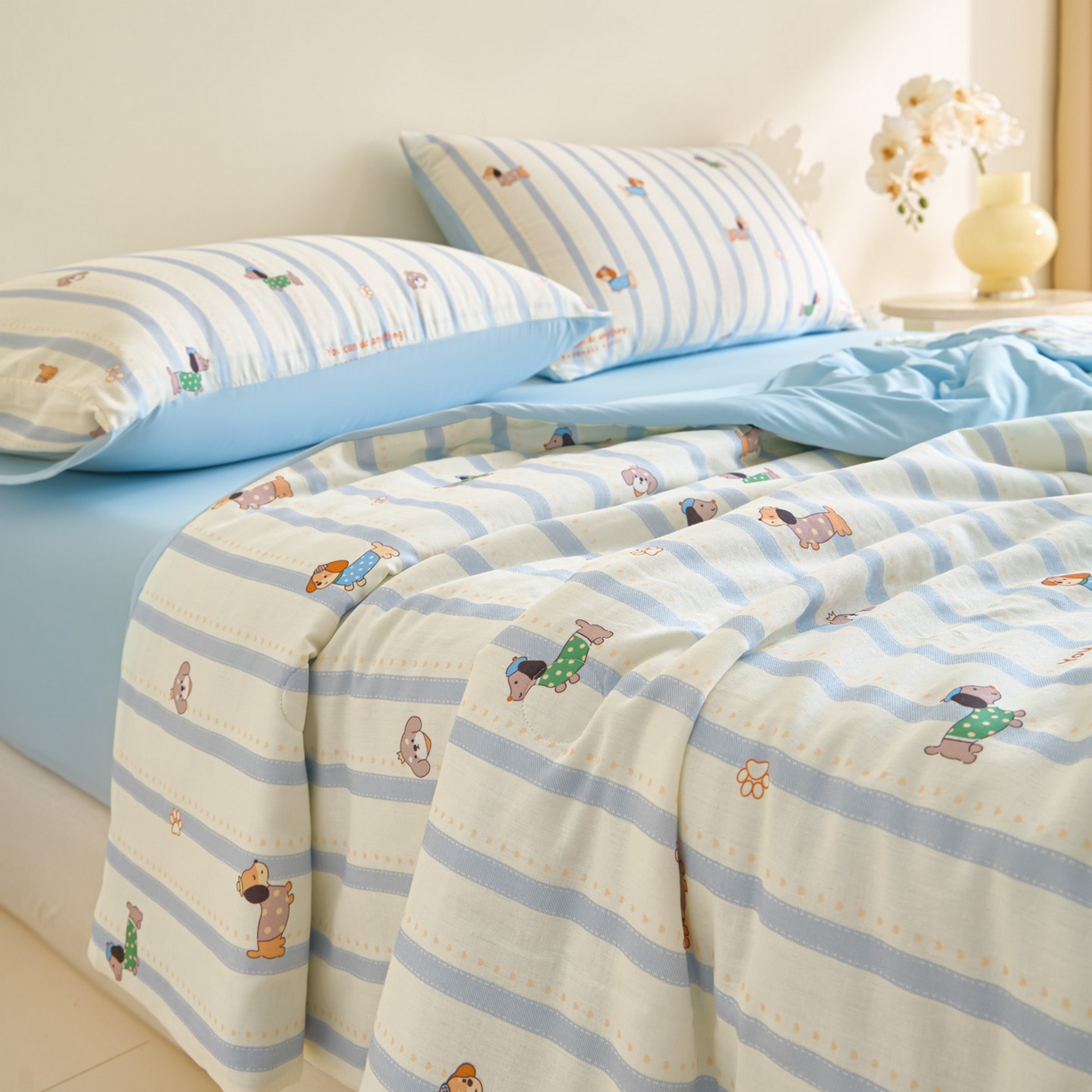 91家纺网 家纺一手货源 找家纺 宜代光年 2026春夏新款全棉双层纱凉感夏被夏凉被空调被 条纹小狗