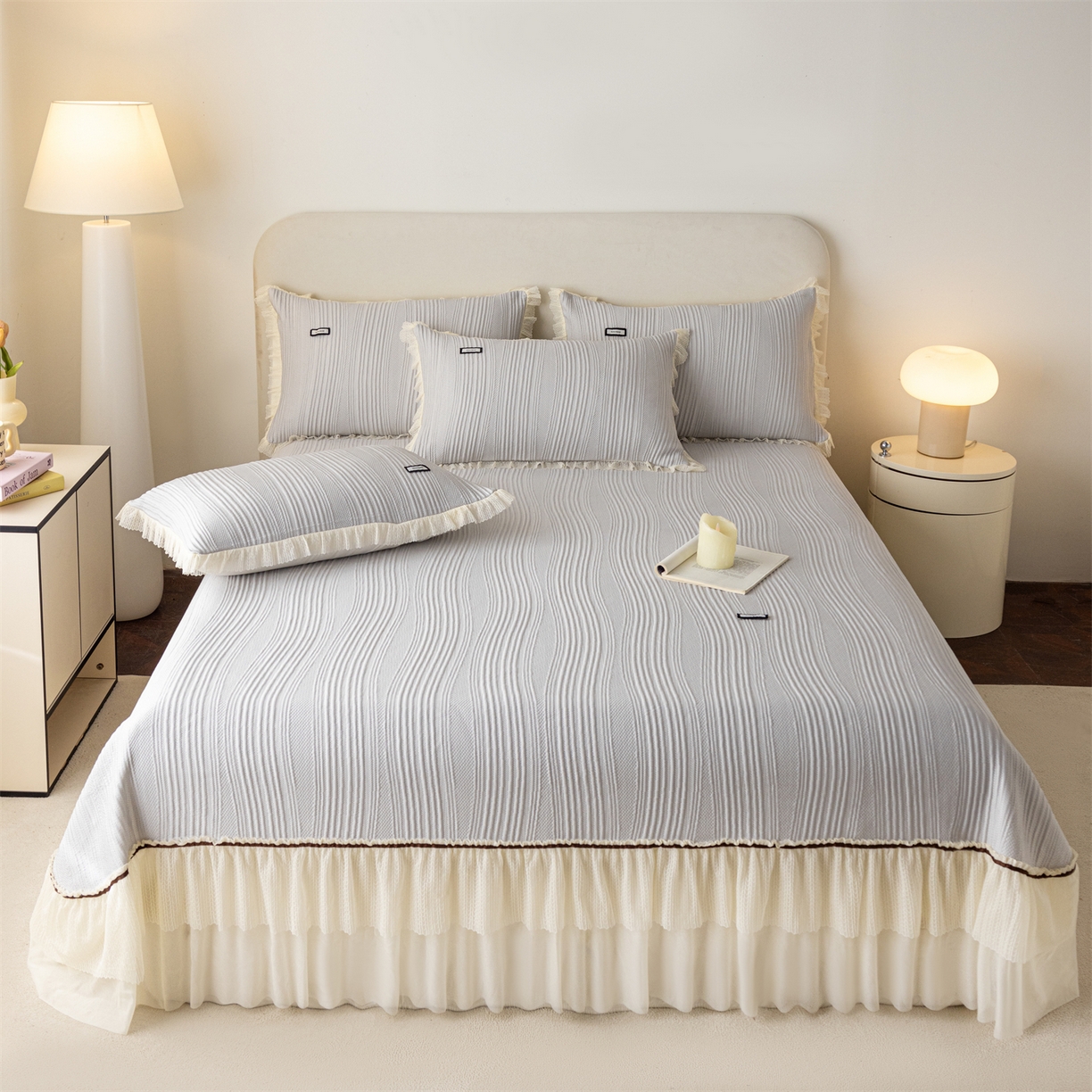 91家纺网 家纺一手货源 找家纺 （总）赛丽雅 2026春夏新款480克A类PE聚乙烯提花冰豆豆凉感床裙款凉席三件套席子空调软席