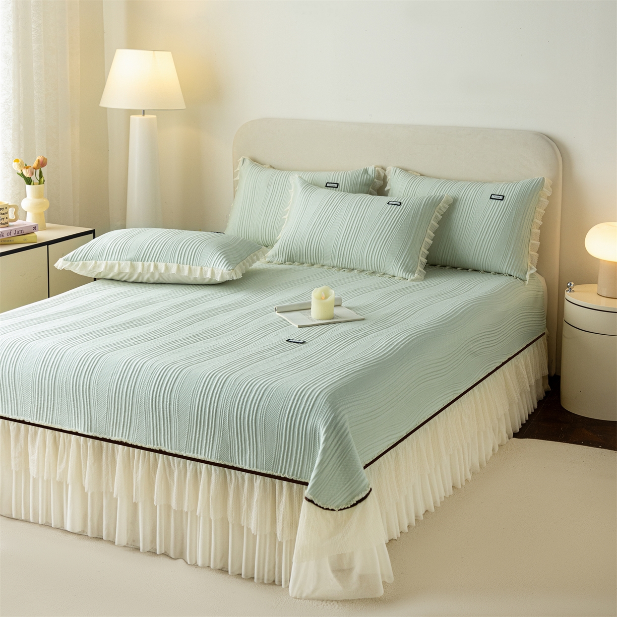 91家纺网 家纺一手货源 找家纺 （总）赛丽雅 2026春夏新款480克A类PE聚乙烯提花冰豆豆凉感床裙款凉席三件套席子空调软席