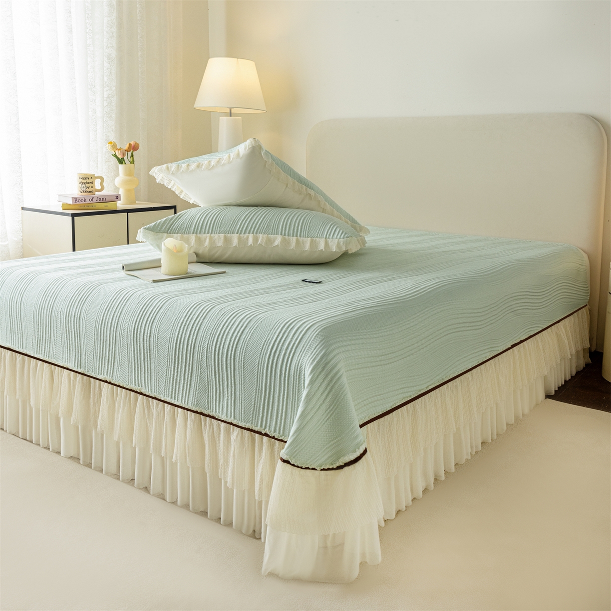 91家纺网 家纺一手货源 找家纺 （总）赛丽雅 2026春夏新款480克A类PE聚乙烯提花冰豆豆凉感床裙款凉席三件套席子空调软席