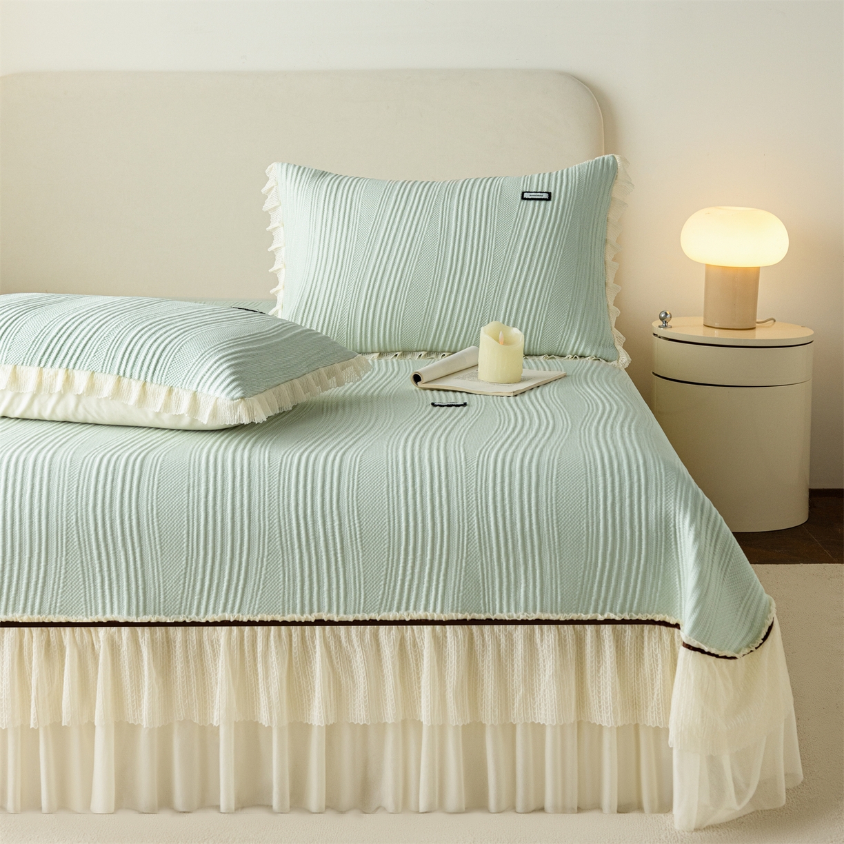 91家纺网 家纺一手货源 找家纺 （总）赛丽雅 2026春夏新款480克A类PE聚乙烯提花冰豆豆凉感床裙款凉席三件套席子空调软席