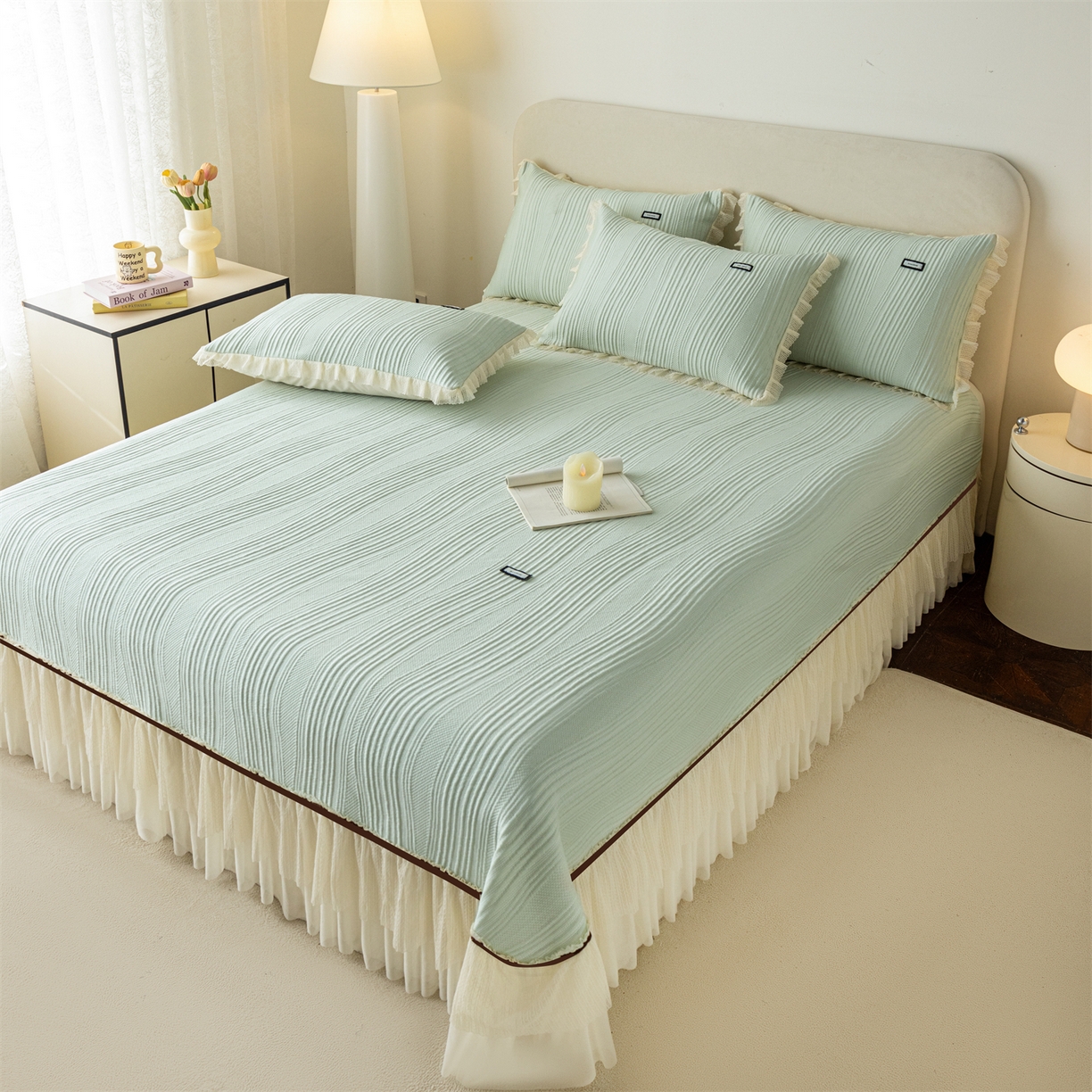 91家纺网 家纺一手货源 找家纺 （总）赛丽雅 2026春夏新款480克A类PE聚乙烯提花冰豆豆凉感床裙款凉席三件套席子空调软席