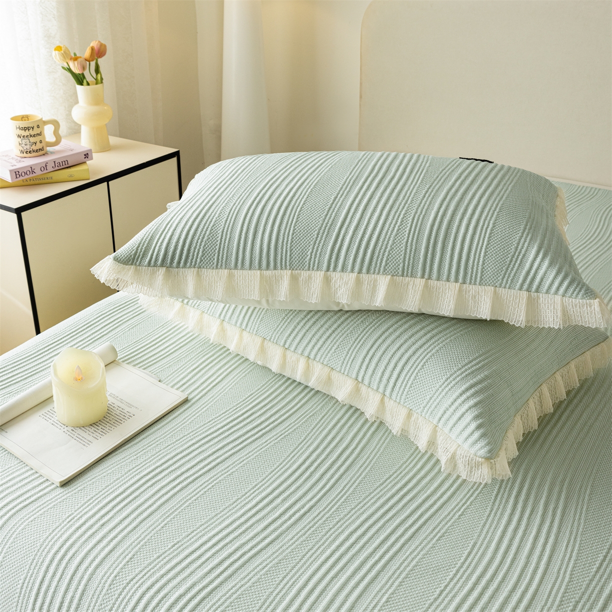 91家纺网 家纺一手货源 找家纺 （总）赛丽雅 2026春夏新款480克A类PE聚乙烯提花冰豆豆凉感床裙款凉席三件套席子空调软席