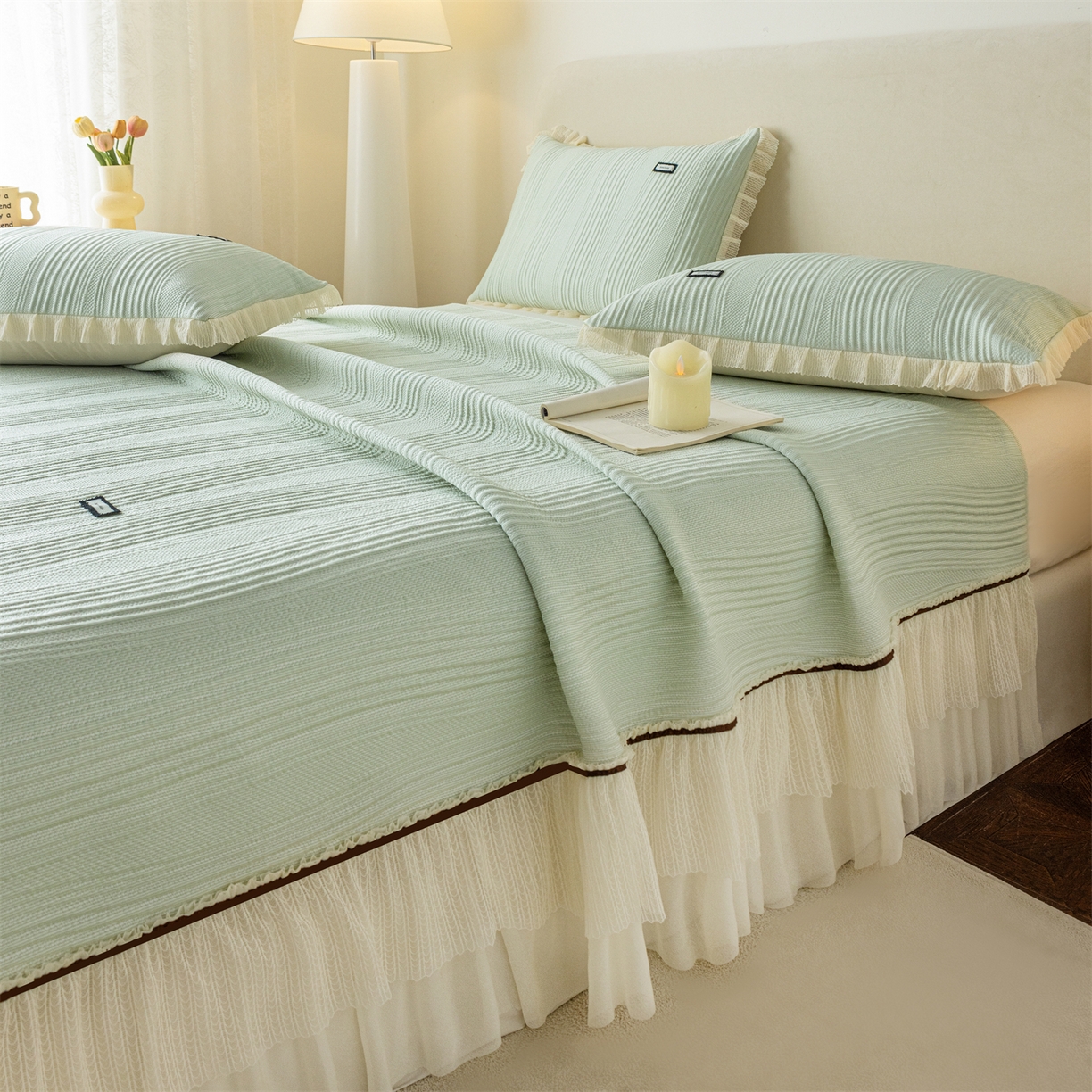 91家纺网 家纺一手货源 找家纺 （总）赛丽雅 2026春夏新款480克A类PE聚乙烯提花冰豆豆凉感床裙款凉席三件套席子空调软席