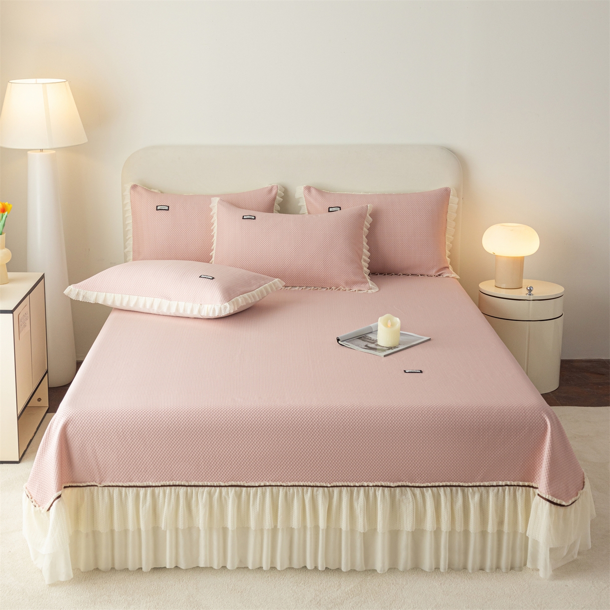 赛丽雅 2026春夏新款480克A类PE聚乙烯提花冰豆豆凉感床裙款凉席三件套席子空调软席 点点-粉