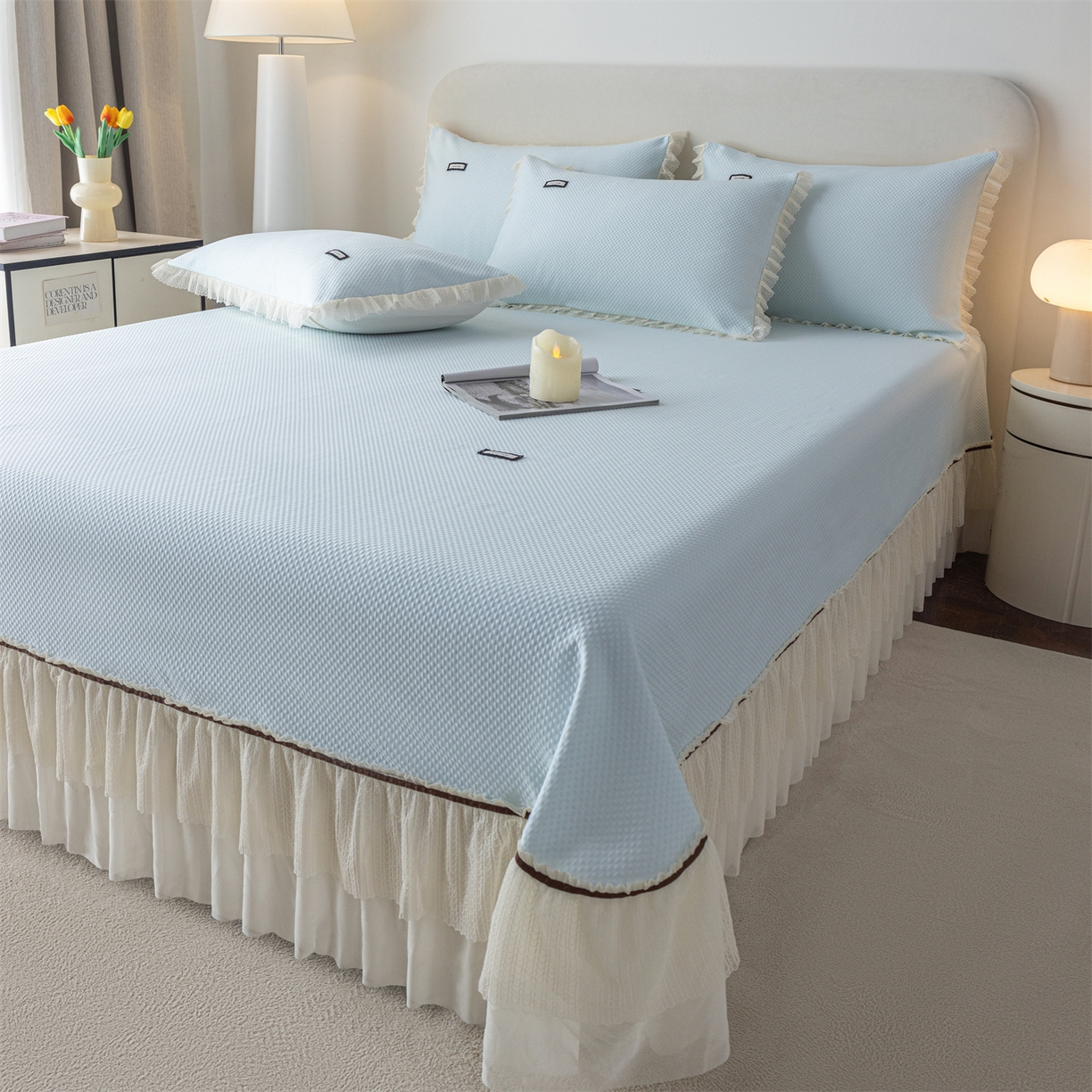 91家纺网 家纺一手货源 找家纺 赛丽雅 2026春夏新款480克A类PE聚乙烯提花冰豆豆凉感床裙款凉席三件套席子空调软席 点点-蓝