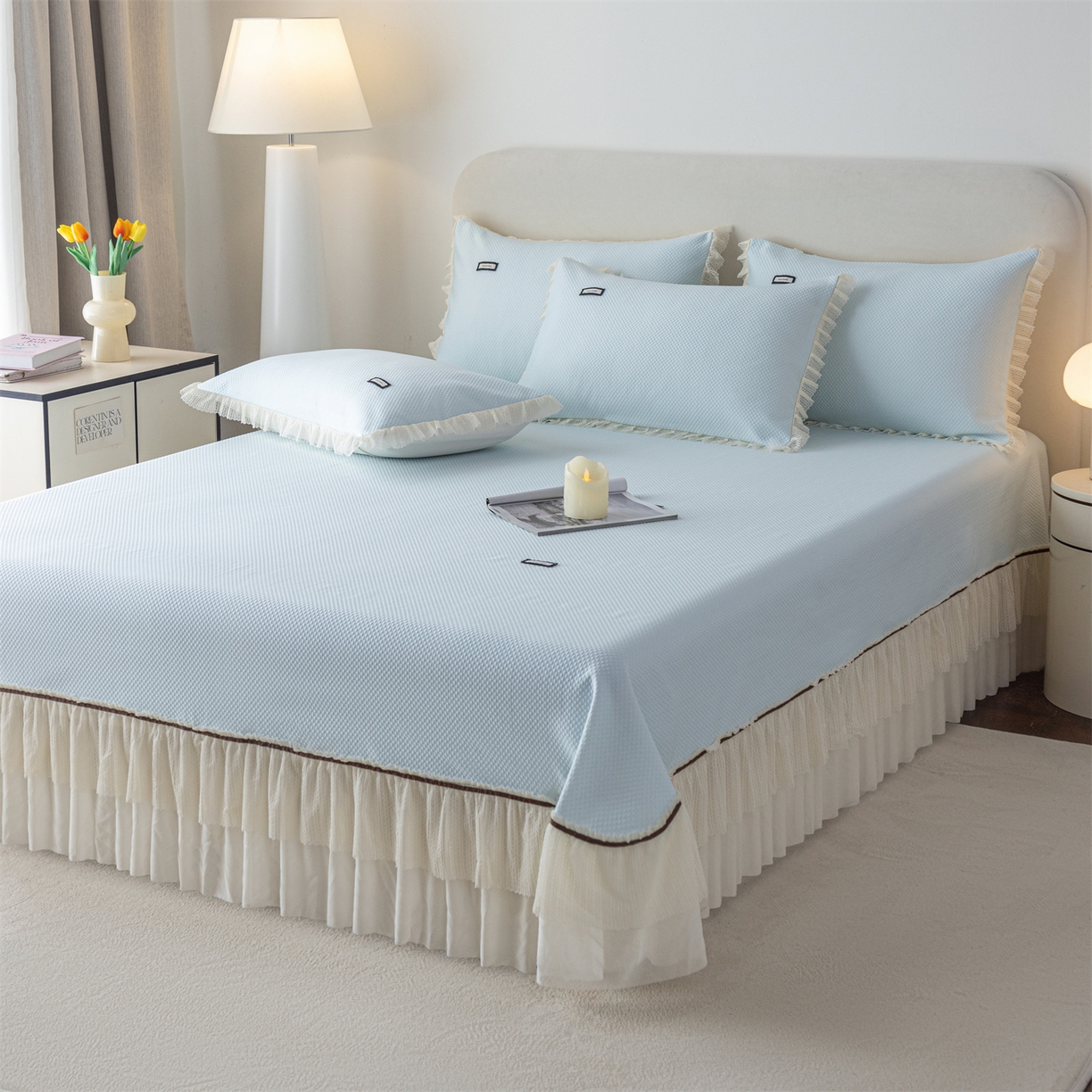 91家纺网 家纺一手货源 找家纺 赛丽雅 2026春夏新款480克A类PE聚乙烯提花冰豆豆凉感床裙款凉席三件套席子空调软席 点点-蓝