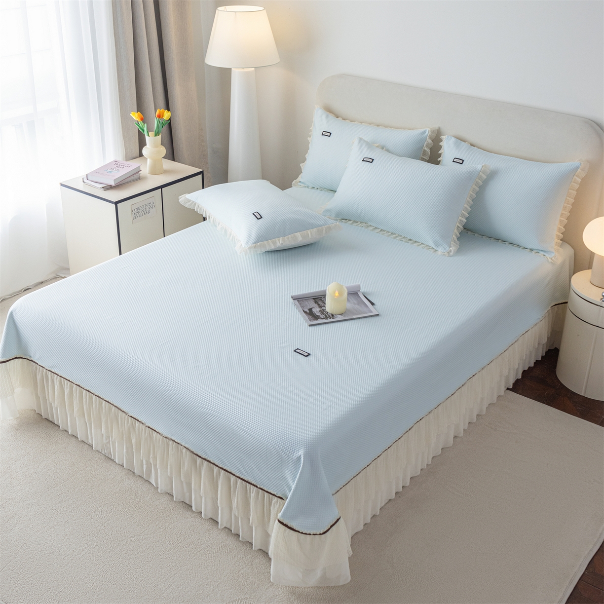 91家纺网 家纺一手货源 找家纺 赛丽雅 2026春夏新款480克A类PE聚乙烯提花冰豆豆凉感床裙款凉席三件套席子空调软席 点点-蓝