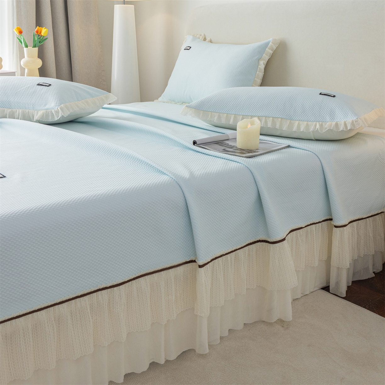 91家纺网 家纺一手货源 找家纺 赛丽雅 2026春夏新款480克A类PE聚乙烯提花冰豆豆凉感床裙款凉席三件套席子空调软席 点点-蓝