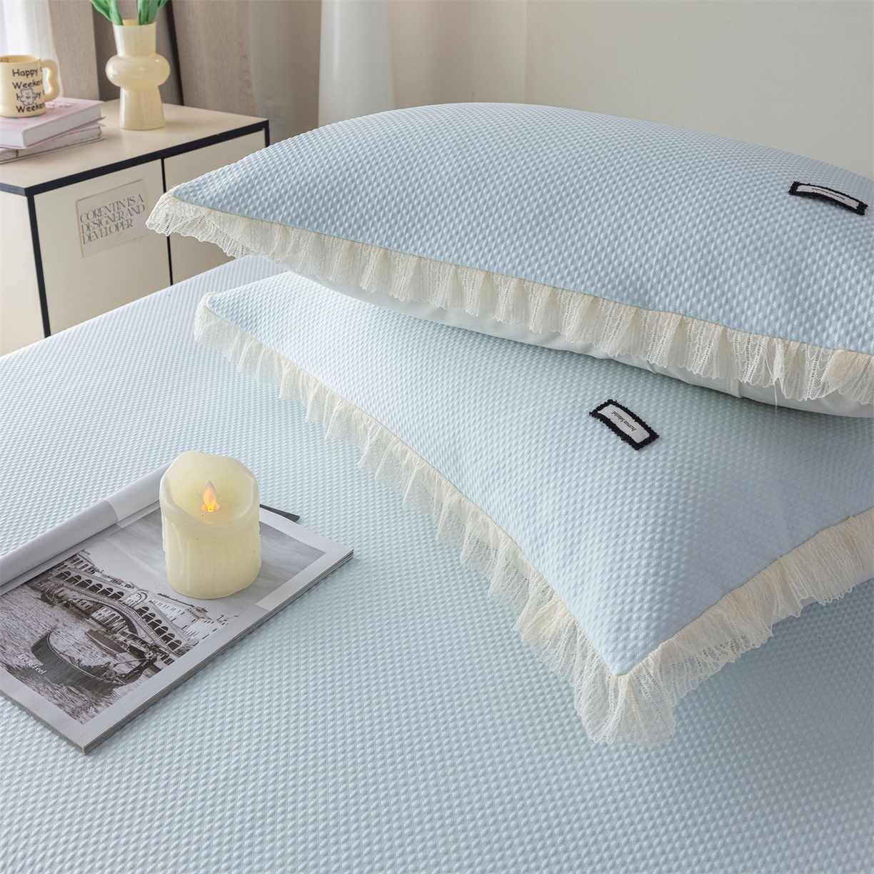 91家纺网 家纺一手货源 找家纺 赛丽雅 2026春夏新款480克A类PE聚乙烯提花冰豆豆凉感床裙款凉席三件套席子空调软席 点点-蓝