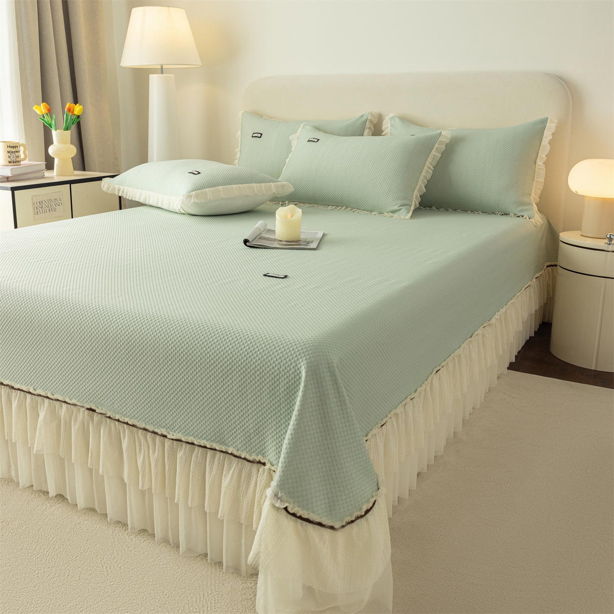 91家纺网 家纺一手货源 找家纺 赛丽雅 2026春夏新款480克A类PE聚乙烯提花冰豆豆凉感床裙款凉席三件套席子空调软席 点点-绿