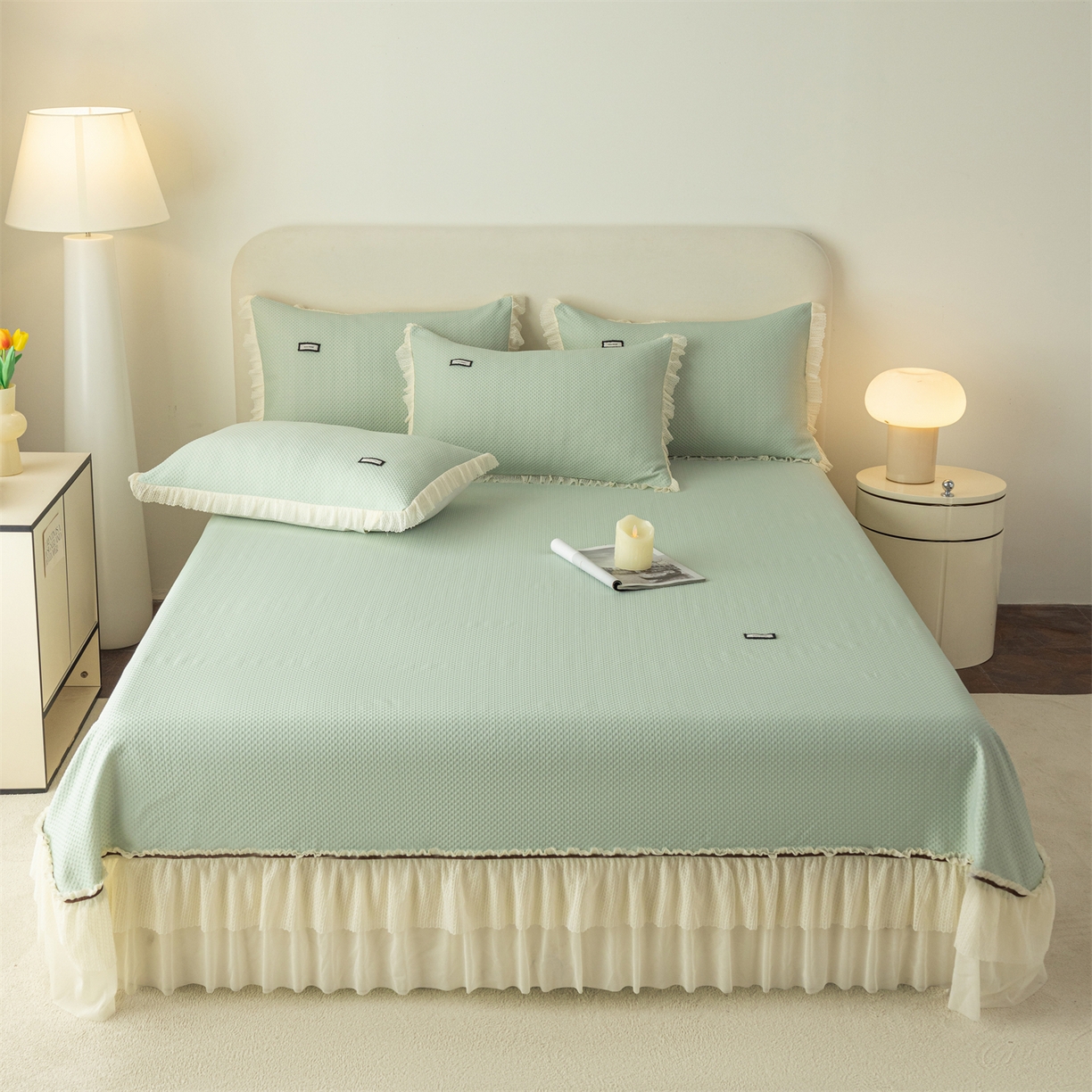 赛丽雅 2026春夏新款480克A类PE聚乙烯提花冰豆豆凉感床裙款凉席三件套席子空调软席 点点-绿