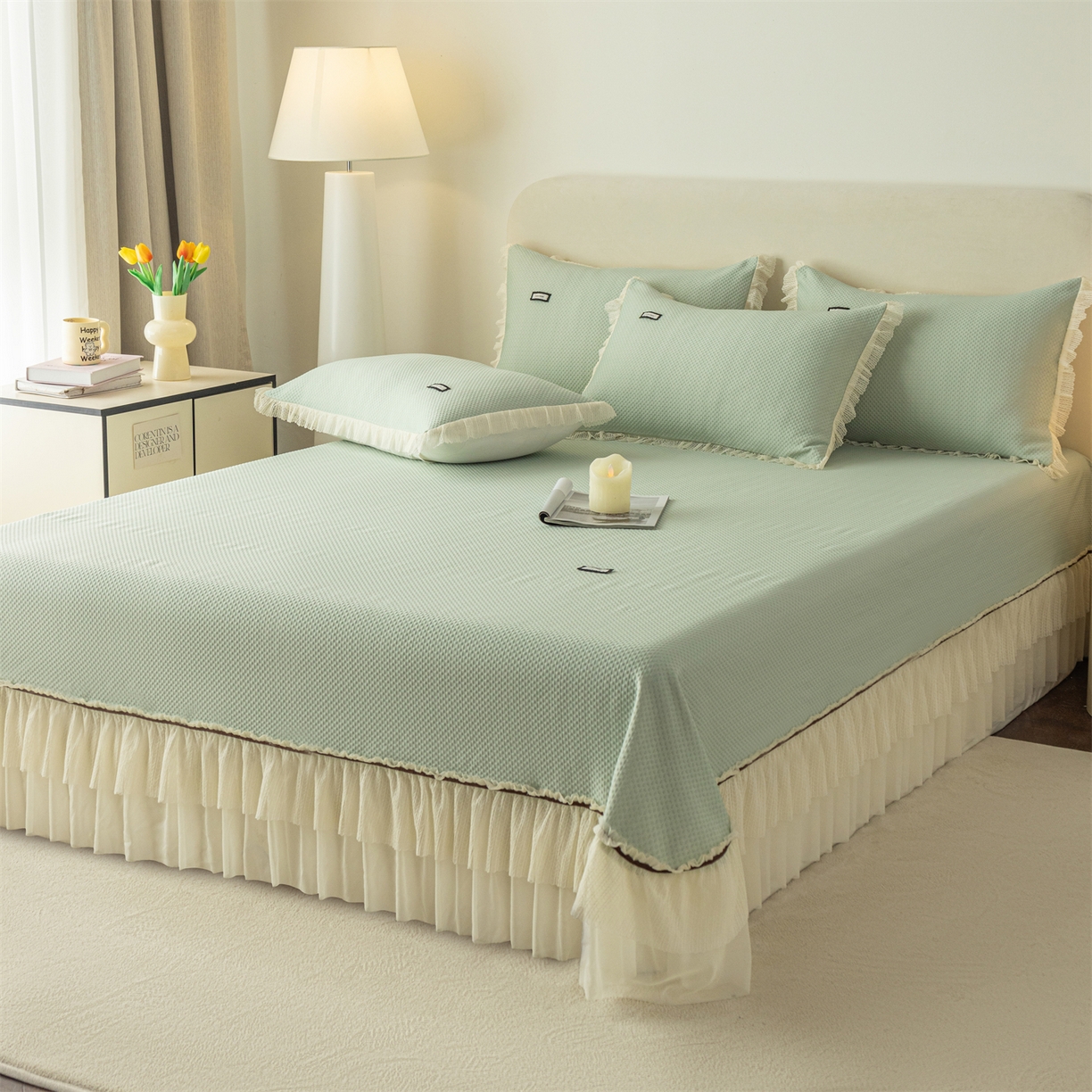 91家纺网 家纺一手货源 找家纺 赛丽雅 2026春夏新款480克A类PE聚乙烯提花冰豆豆凉感床裙款凉席三件套席子空调软席 点点-绿