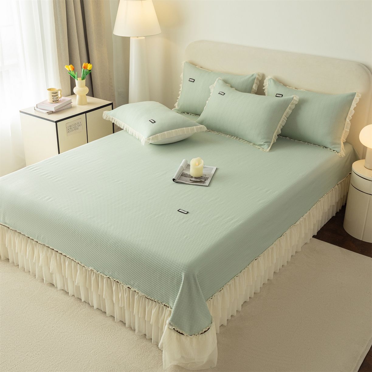 91家纺网 家纺一手货源 找家纺 赛丽雅 2026春夏新款480克A类PE聚乙烯提花冰豆豆凉感床裙款凉席三件套席子空调软席 点点-绿