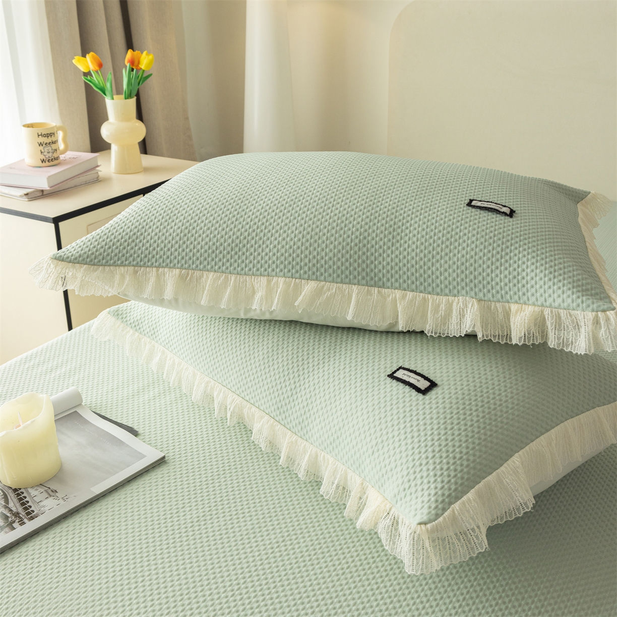 91家纺网 家纺一手货源 找家纺 赛丽雅 2026春夏新款480克A类PE聚乙烯提花冰豆豆凉感床裙款凉席三件套席子空调软席 点点-绿