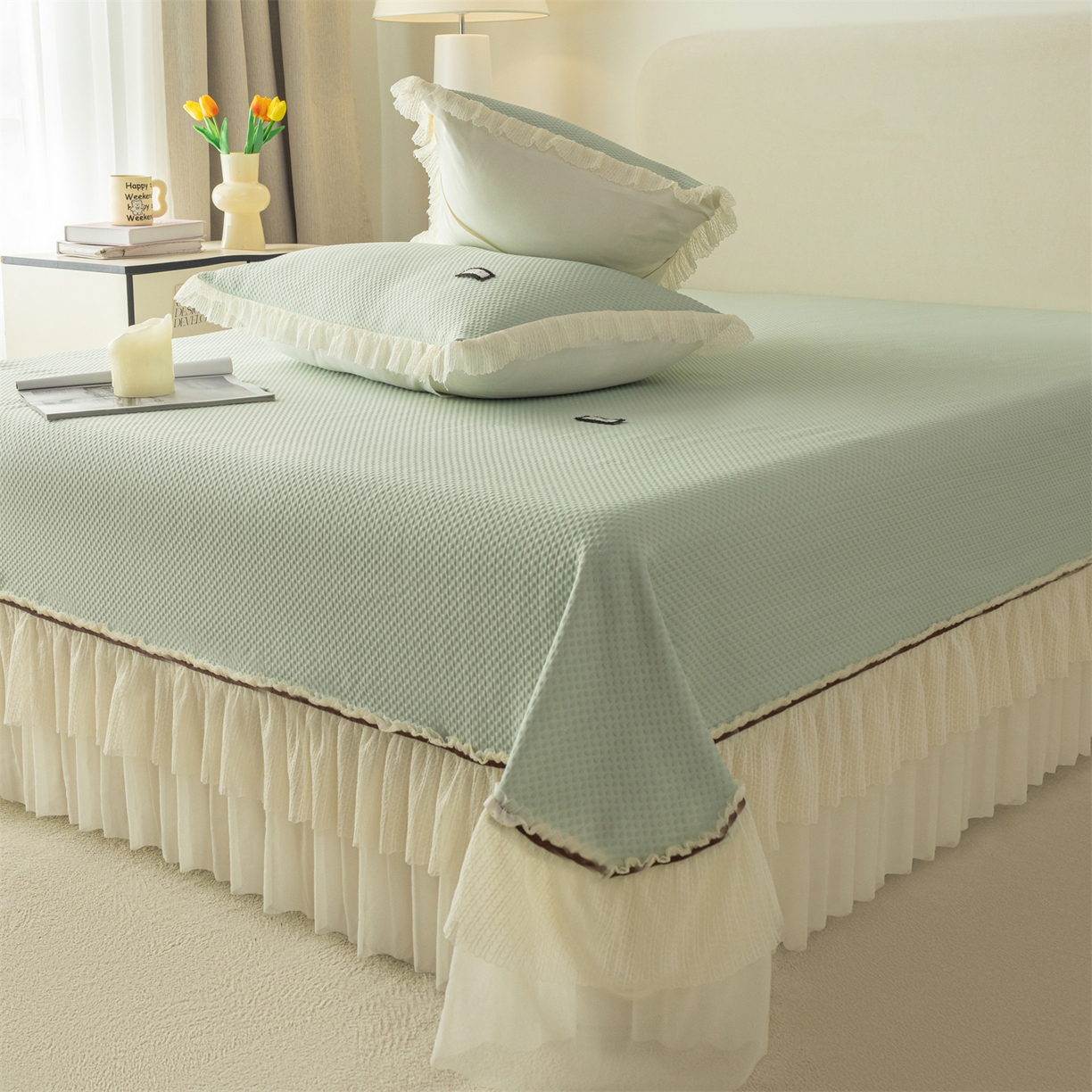 91家纺网 家纺一手货源 找家纺 赛丽雅 2026春夏新款480克A类PE聚乙烯提花冰豆豆凉感床裙款凉席三件套席子空调软席 点点-绿