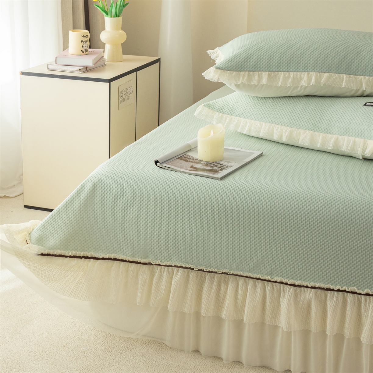 91家纺网 家纺一手货源 找家纺 赛丽雅 2026春夏新款480克A类PE聚乙烯提花冰豆豆凉感床裙款凉席三件套席子空调软席 点点-绿